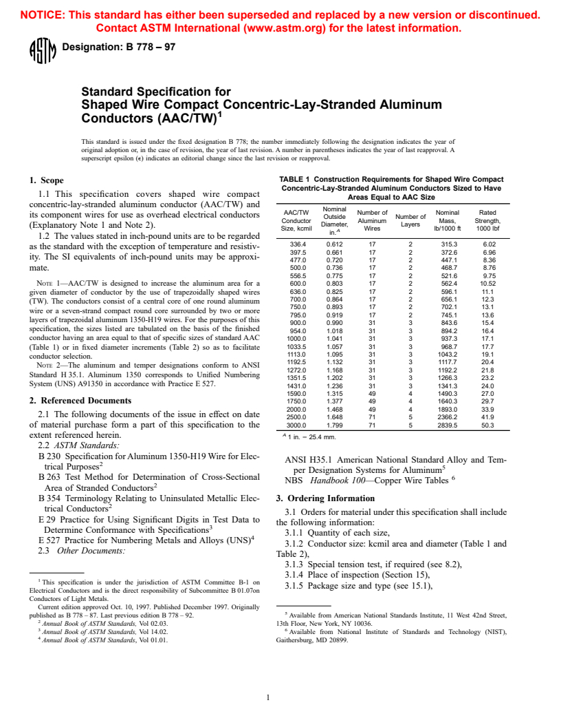 ASTM B778-97 - Standard Specification for Shaped Wire Compact Concentric-Lay-Stranded Aluminum Conductors (AAC/TW)