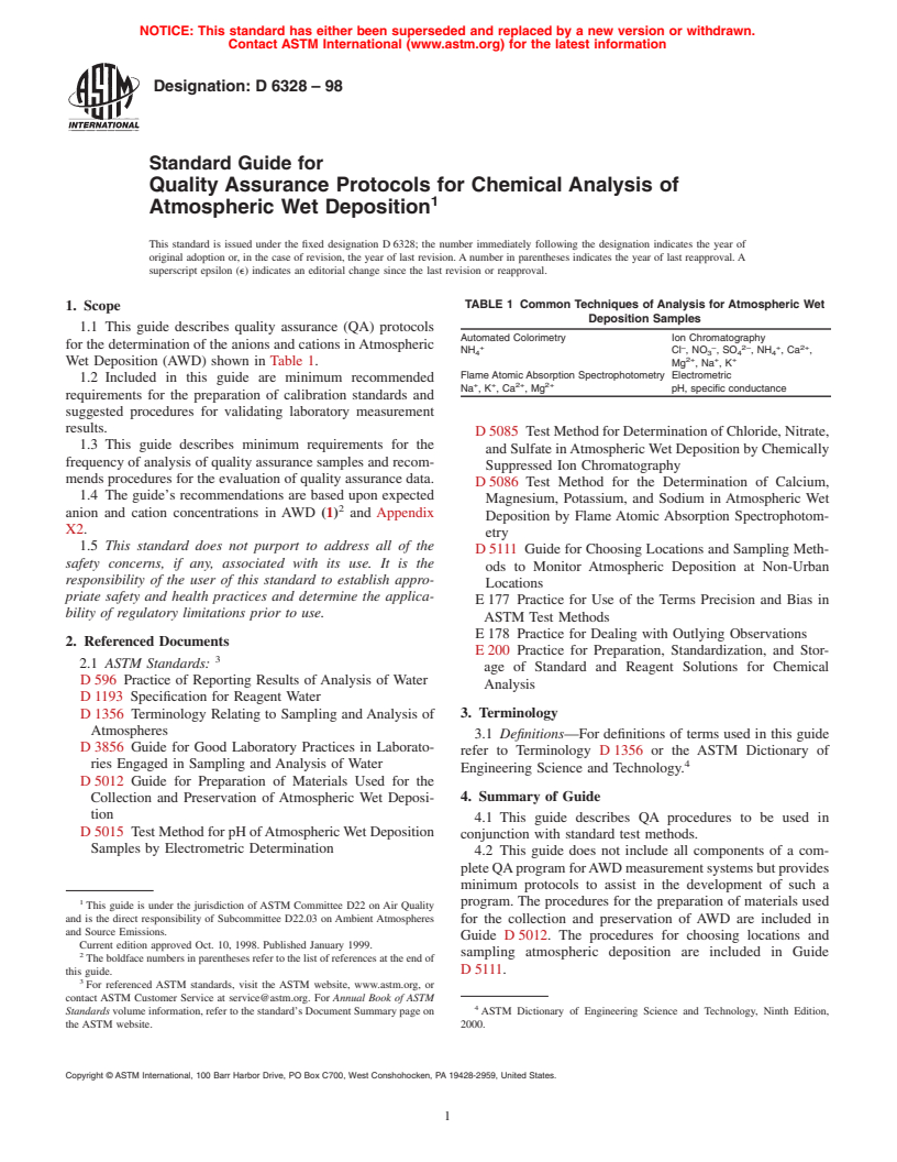 ASTM D6328-98 - Standard Guide for Quality Assurance Protocols for Chemical Analysis of Atmospheric Wet Deposition