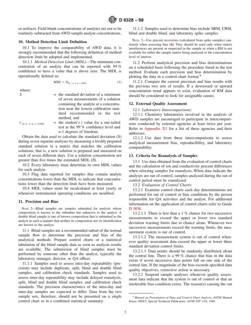 ASTM D6328-98 - Standard Guide for Quality Assurance Protocols for Chemical Analysis of Atmospheric Wet Deposition