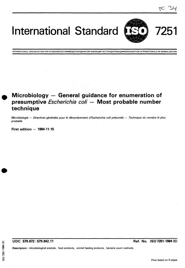 ISO 7251:1984 - Microbiology -- General guidance for enumeration of presumptive Escherichia coli -- Most probable number technique
