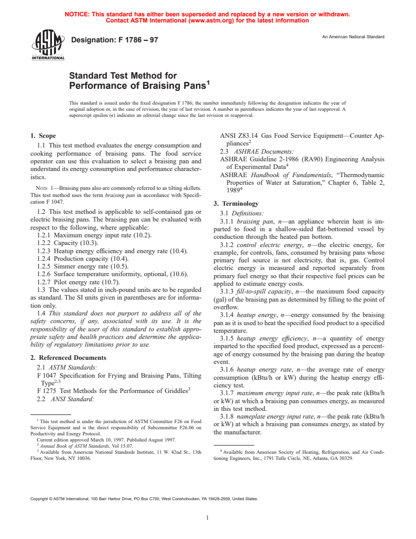 ASTM F1786-97 - Standard Test Method for Performance of Braising Pans