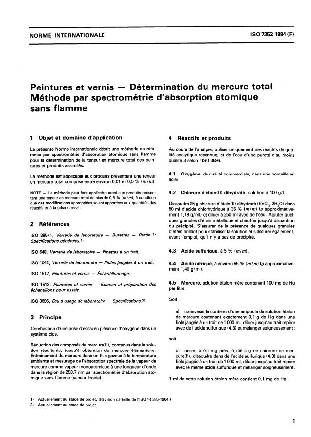 ISO 7252:1984 - Peintures et vernis -- Détermination du mercure total -- Méthode par spectrométrie d'absorption atomique sans flamme