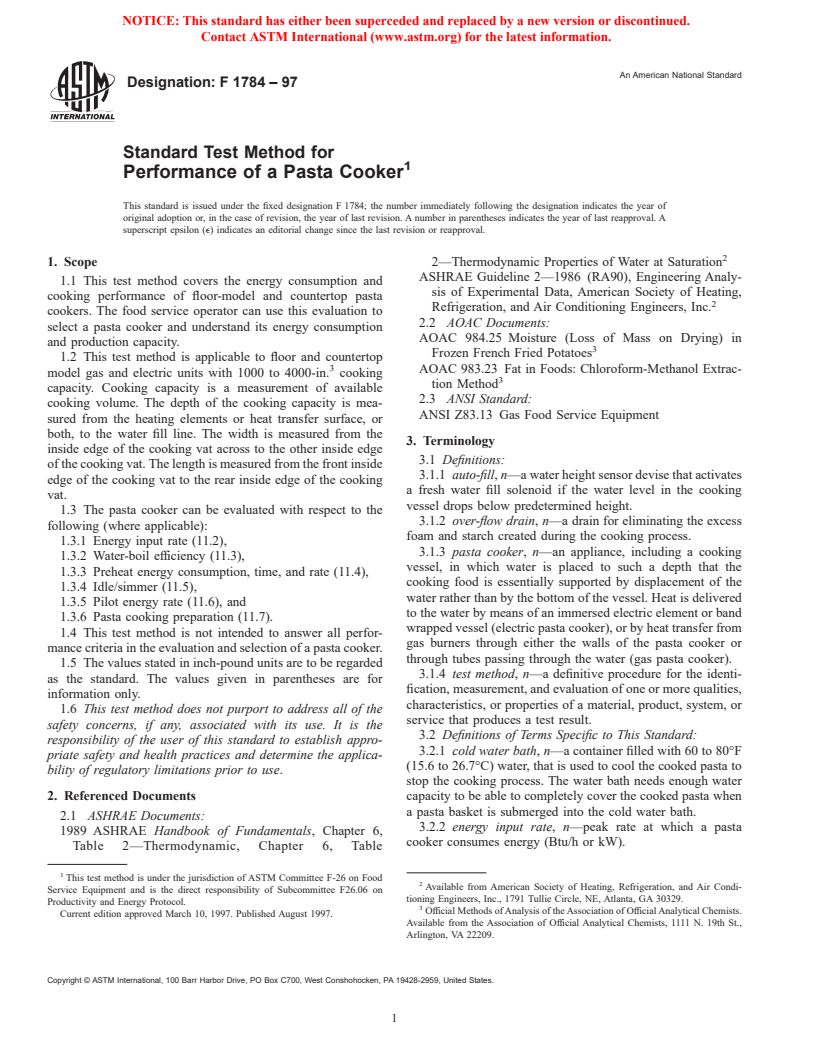 ASTM F1784-97 - Standard Test Method for Performance of a Pasta Cooker