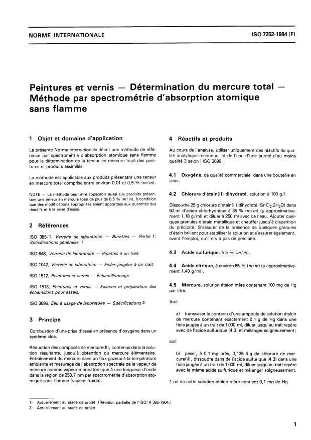 ISO 7252:1984 - Peintures et vernis -- Détermination du mercure total -- Méthode par spectrométrie d'absorption atomique sans flamme