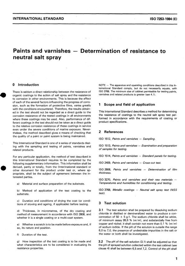 ISO 7253:1984 - Paints and varnishes -- Determination of resistance to neutral salt spray