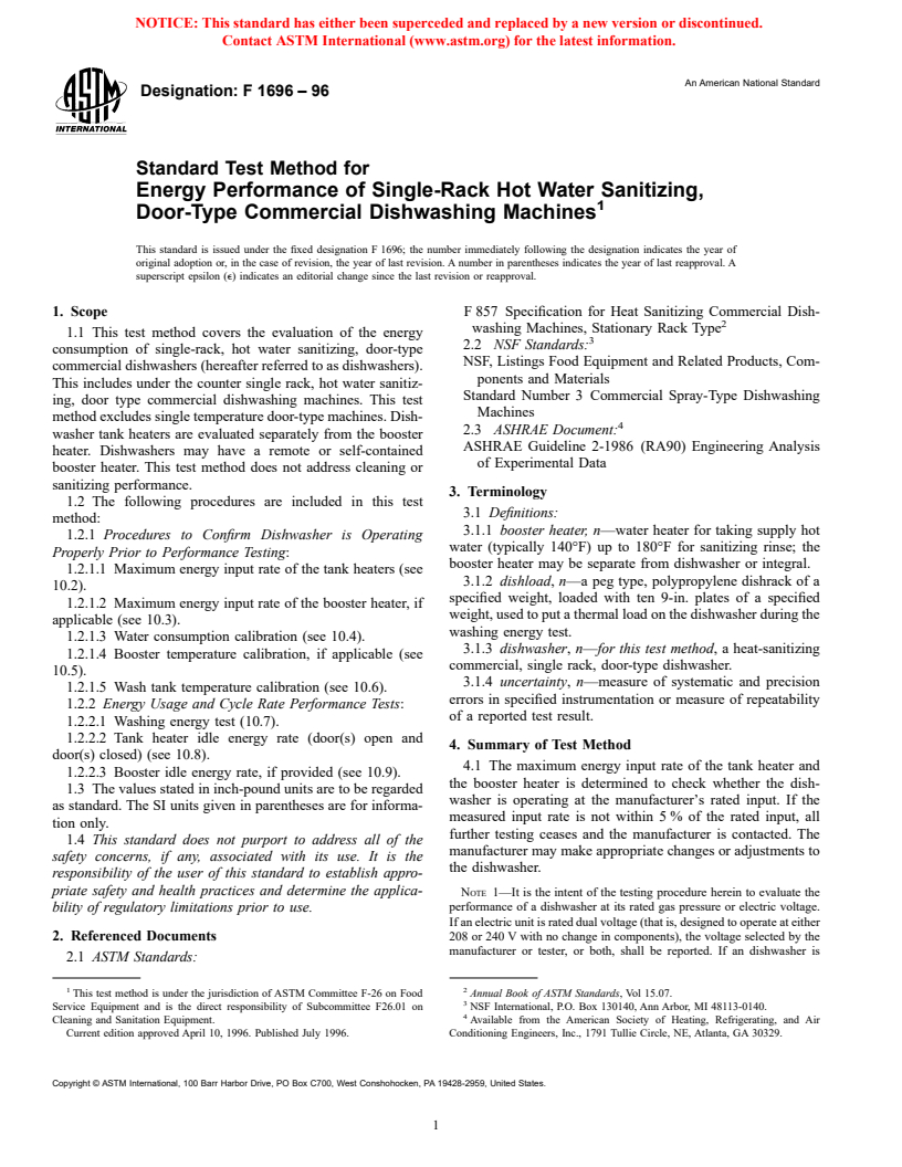 ASTM F1696-96 - Standard Test Method for Energy Performance of Single-Rack Hot Water Sanitizing, Door Type Commerical Dishwashing Machines