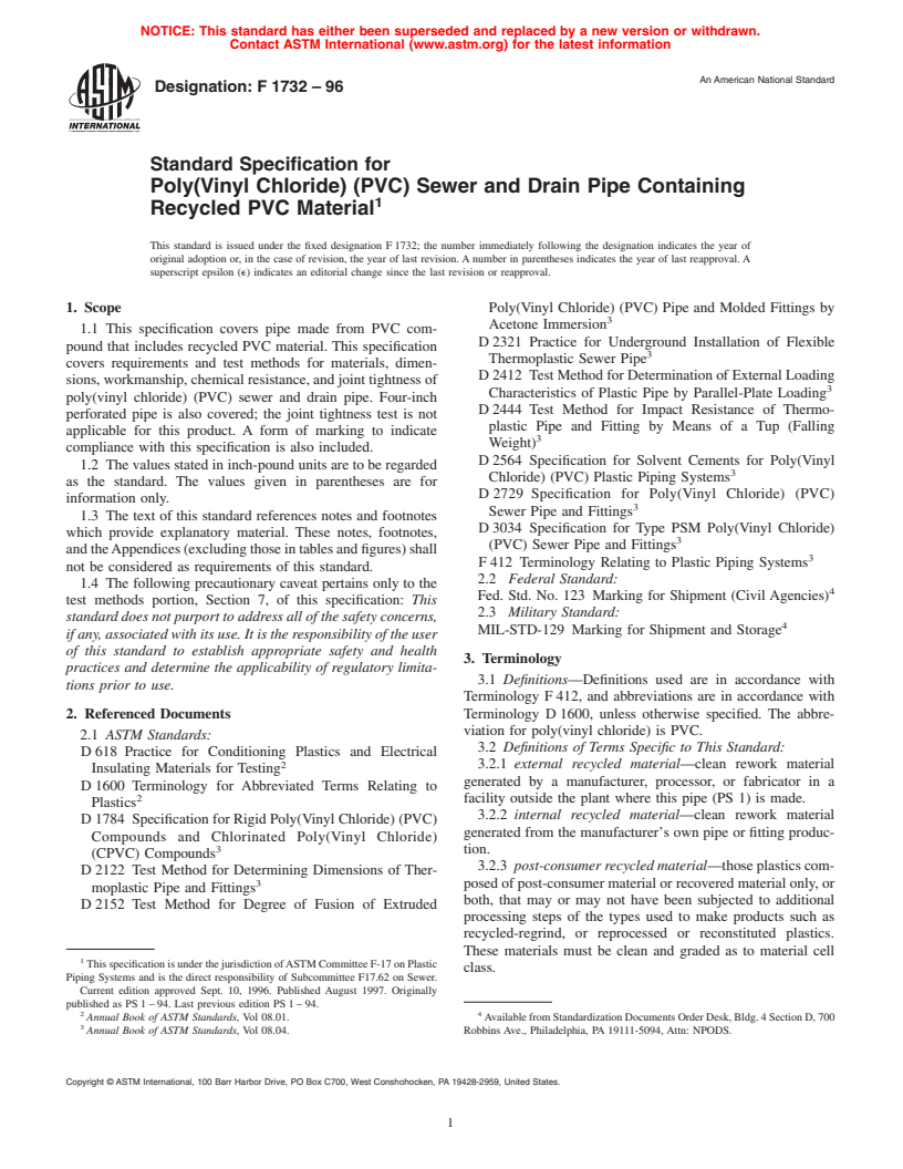 ASTM F1732-96 - Standard Specification for Poly(Vinyl Chloride) (PVC) Sewer and Drain Pipe Containing Recycled PVC Material