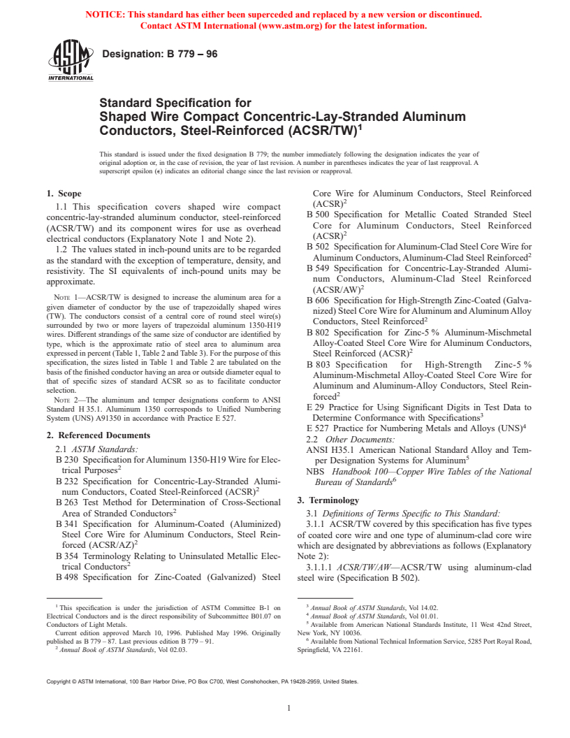 ASTM B779-96 - Standard Specification for Shaped Wire Compact Concentric-Lay-Stranded Aluminum Conductors, Steel-Reinforced (ACSR/TW)