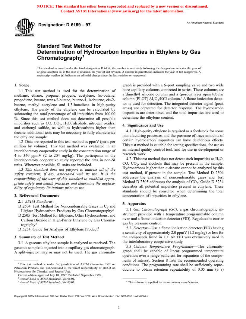 ASTM D6159-97 - Standard Test Method for Determination of Hydrocarbon Impurities in Ethylene by Gas Chromatography