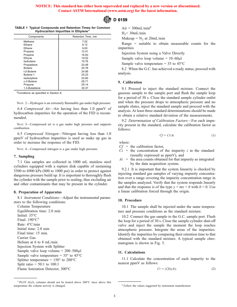 ASTM D6159-97 - Standard Test Method for Determination of Hydrocarbon Impurities in Ethylene by Gas Chromatography