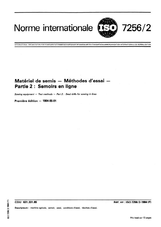 ISO 7256-2:1984 - Matériel de semis -- Méthodes d'essai