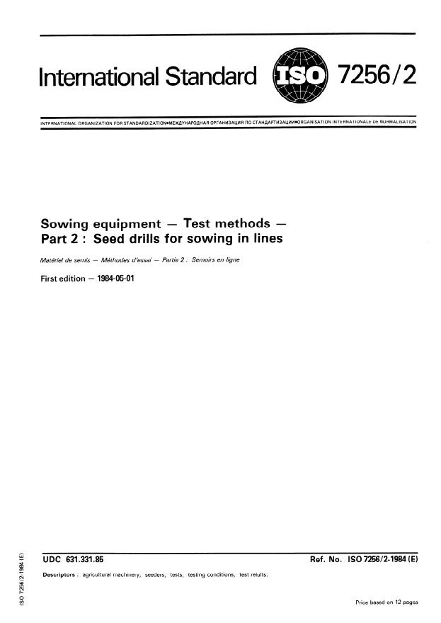 ISO 7256-2:1984 - Sowing equipment -- Test methods
