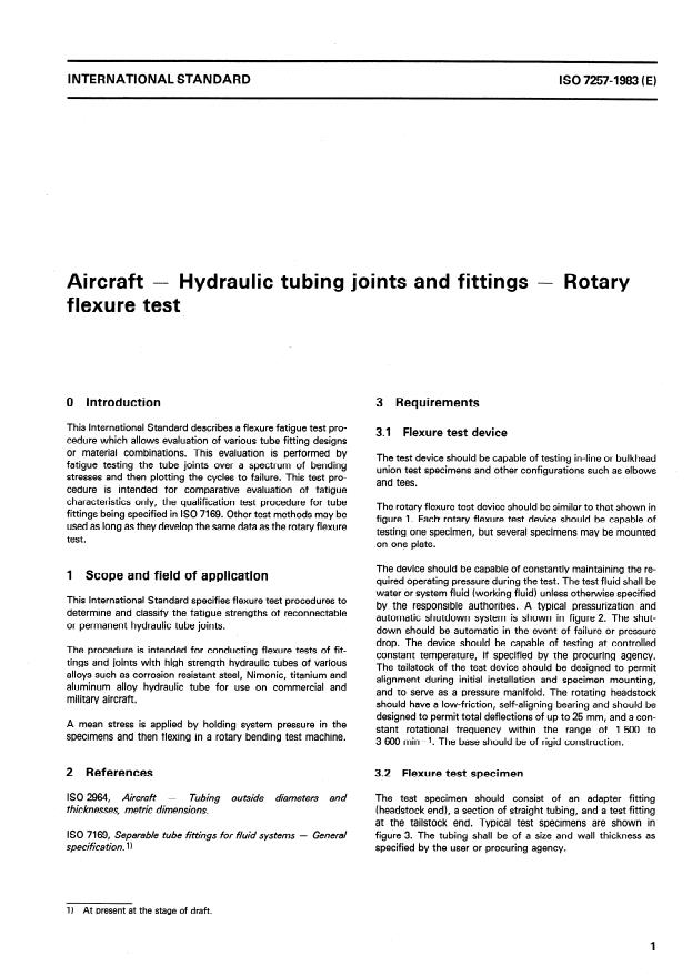 ISO 7257:1983 - Aircraft -- Hydraulic tubing joints and fittings -- Rotary flexure test