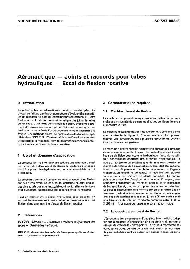 ISO 7257:1983 - Aéronautique -- Joints et raccords pour tubes hydrauliques -- Essai de flexion rotative