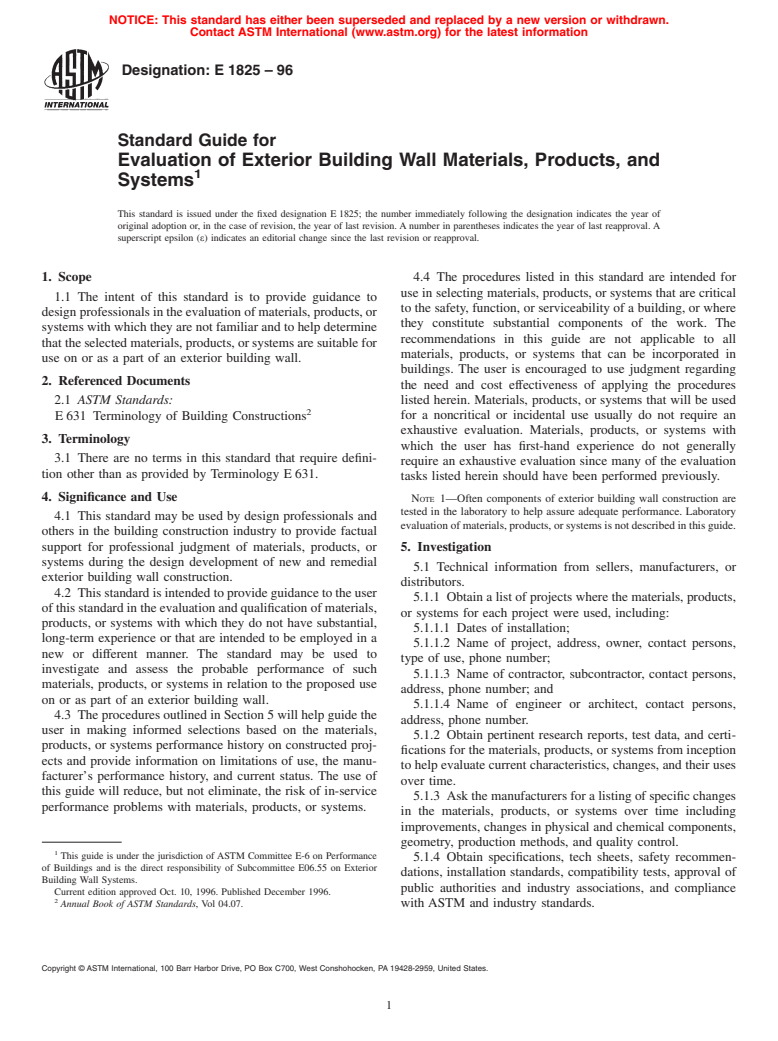 ASTM E1825-96 - Standard Guide for Evaluation of Exterior Building Wall Materials, Products, and Systems