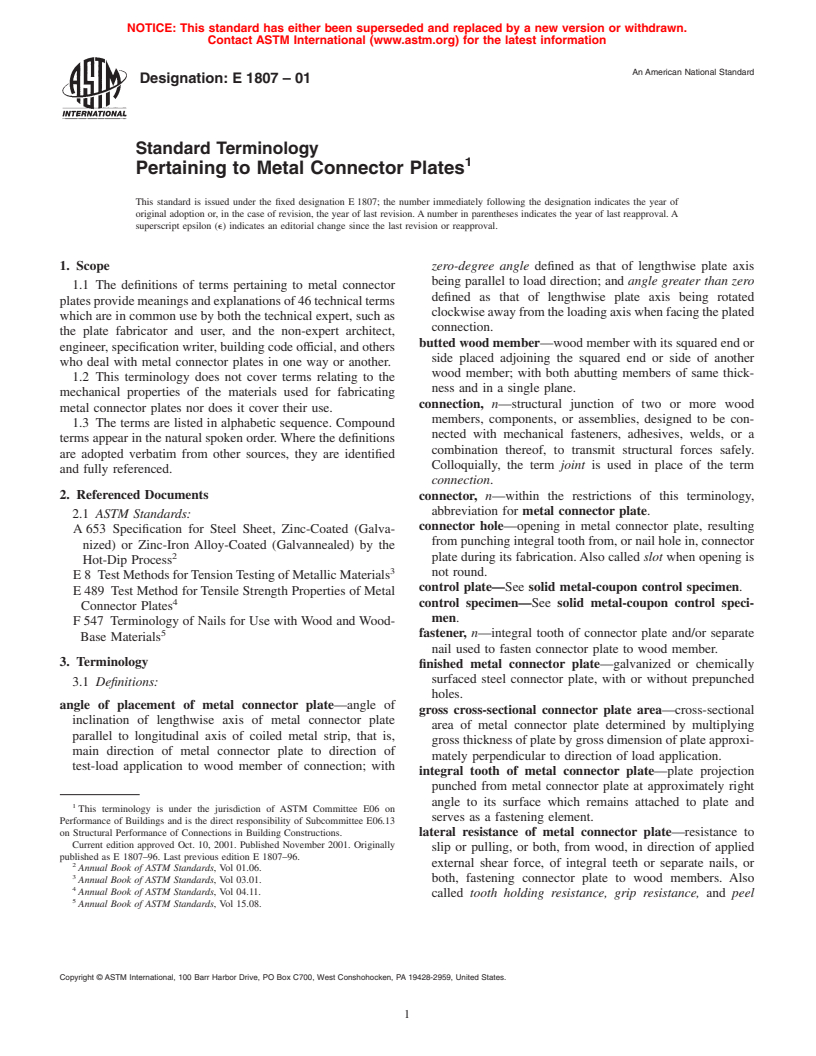 ASTM E1807-01 - Standard Terminology Pertaining to Metal Connector Plates (Withdrawn 2005)