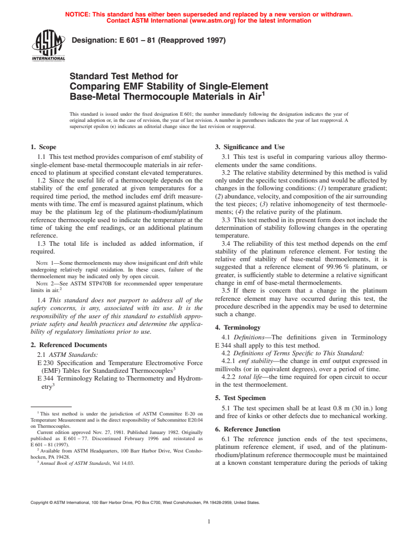 ASTM E601-81(1997) - Standard Test Method for Comparing EMF Stability of Single-Element Base-Metal Thermocouple Materials in Air (Withdrawn 2006)