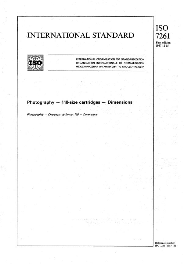 ISO 7261:1987 - Photography -- 110-size cartridges -- Dimensions
