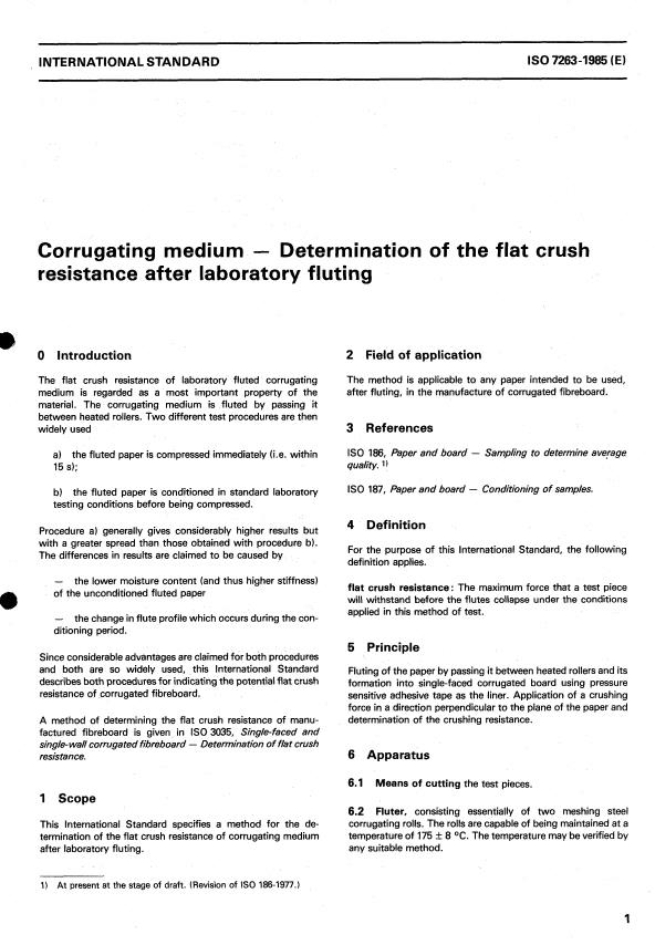 ISO 7263:1985 - Corrugating medium -- Determination of the flat crush resistance after laboratory fluting