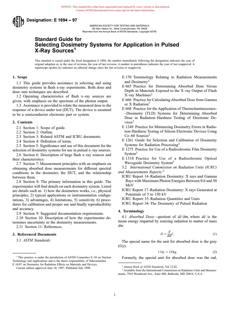 ASTM E1894-97 - Standard Guide for Selecting Dosimetry Systems for Application in Pulsed X-Ray Sources