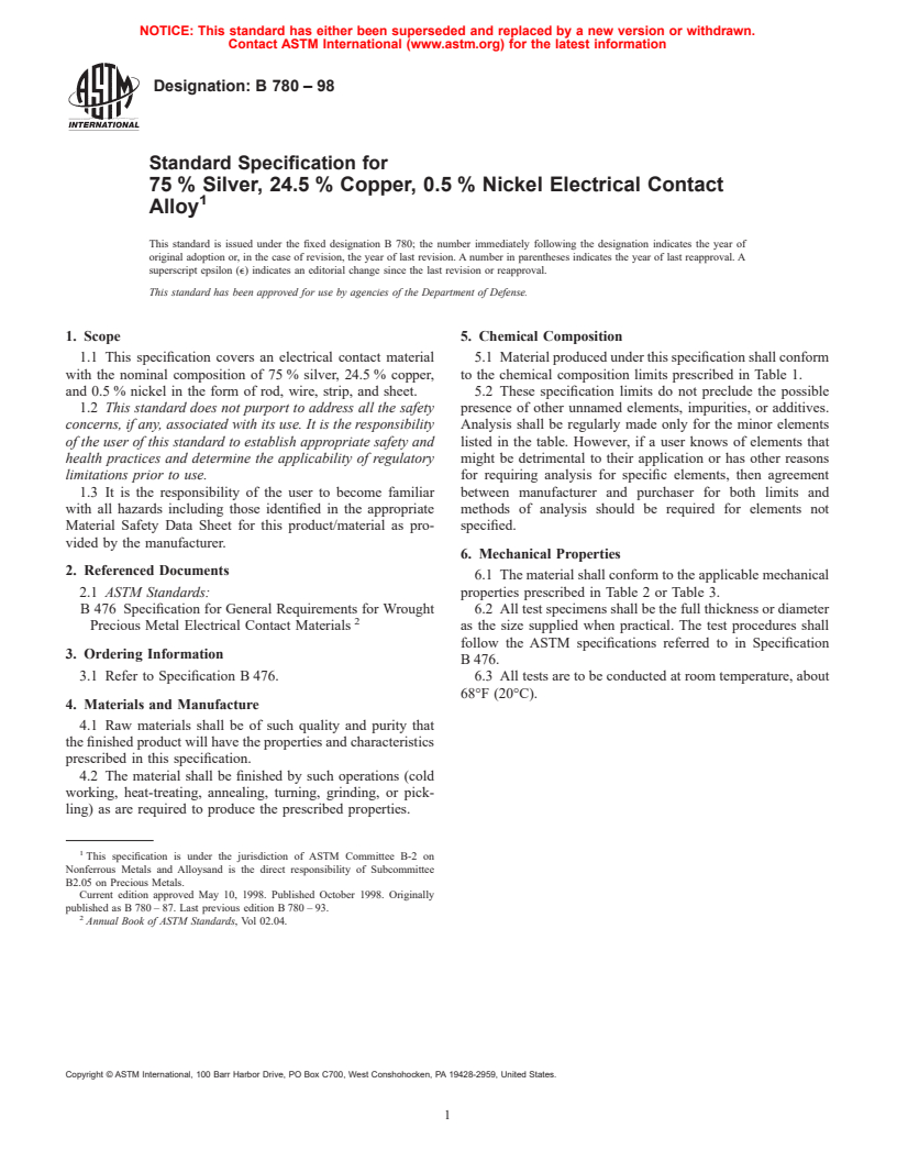 ASTM B780-98 - Standard Specification for 75% Silver, 24.5% Copper, 0.5% Nickel Electrical Contact Alloy