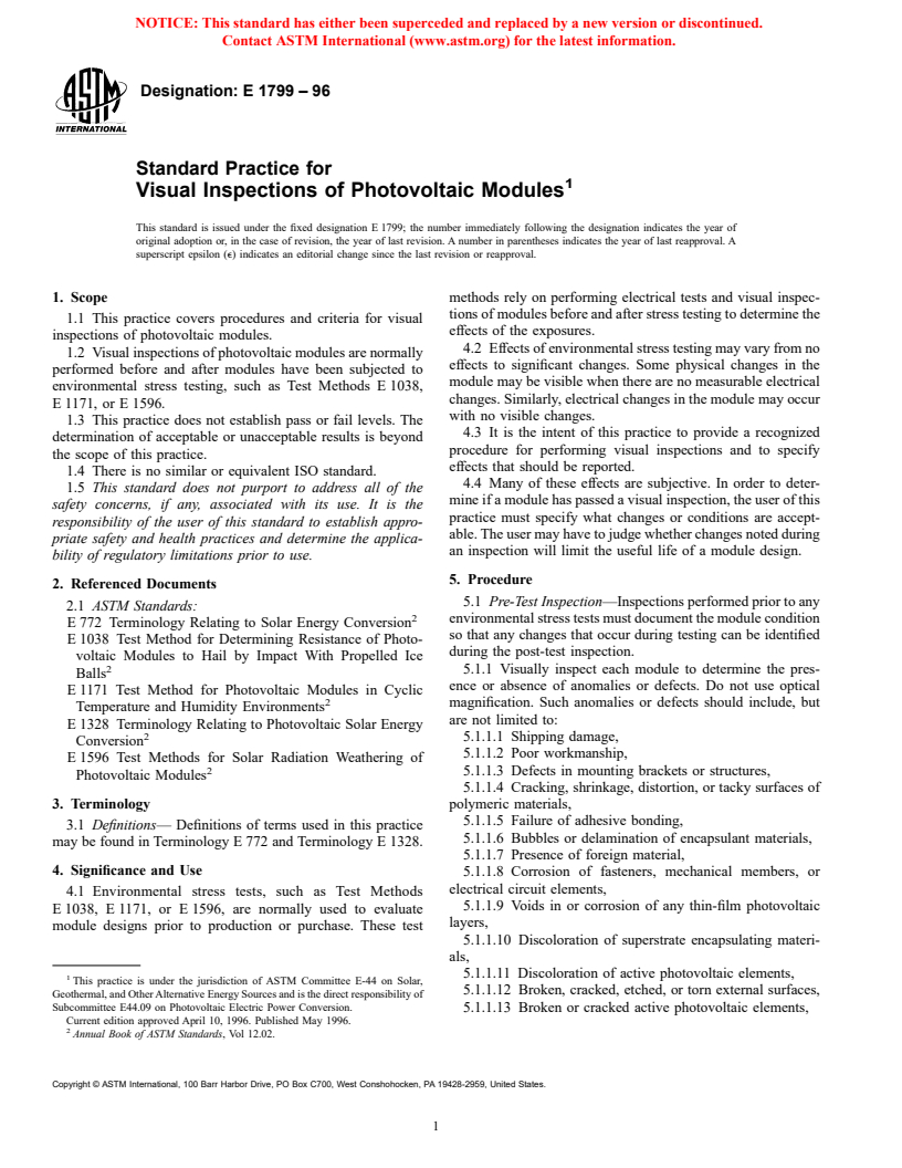 ASTM E1799-96 - Standard Practice for Visual Inspections of Photovoltaic Modules