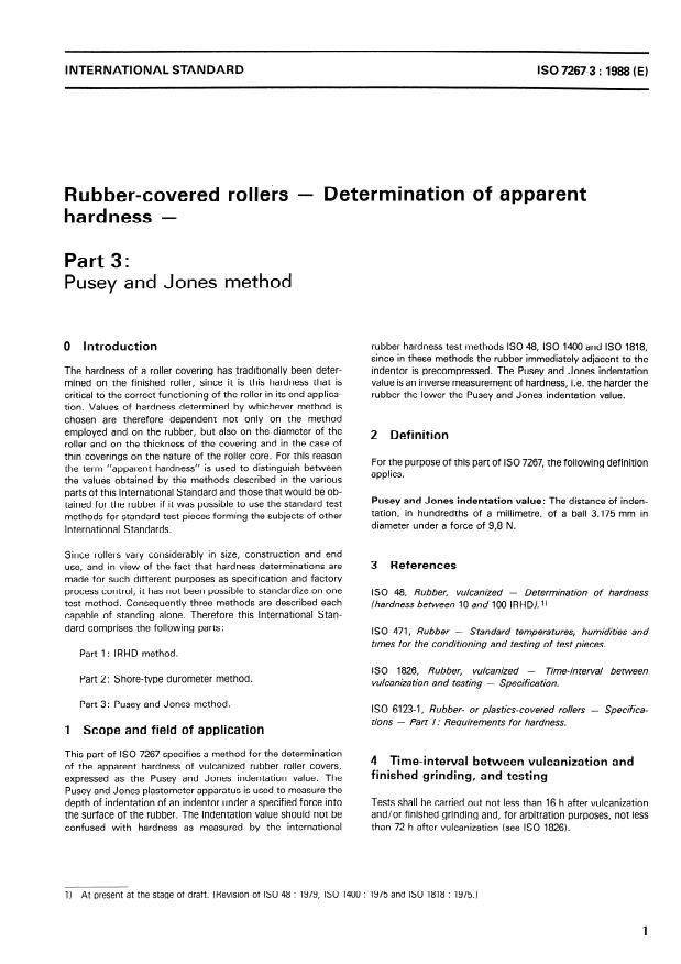 ISO 7267-3:1988 - Rubber-covered rollers -- Determination of apparent hardness