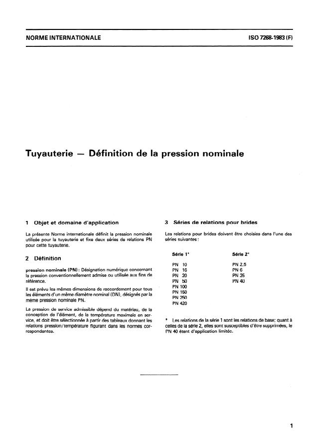 ISO 7268:1983 - Tuyauterie -- Définition de la pression nominale