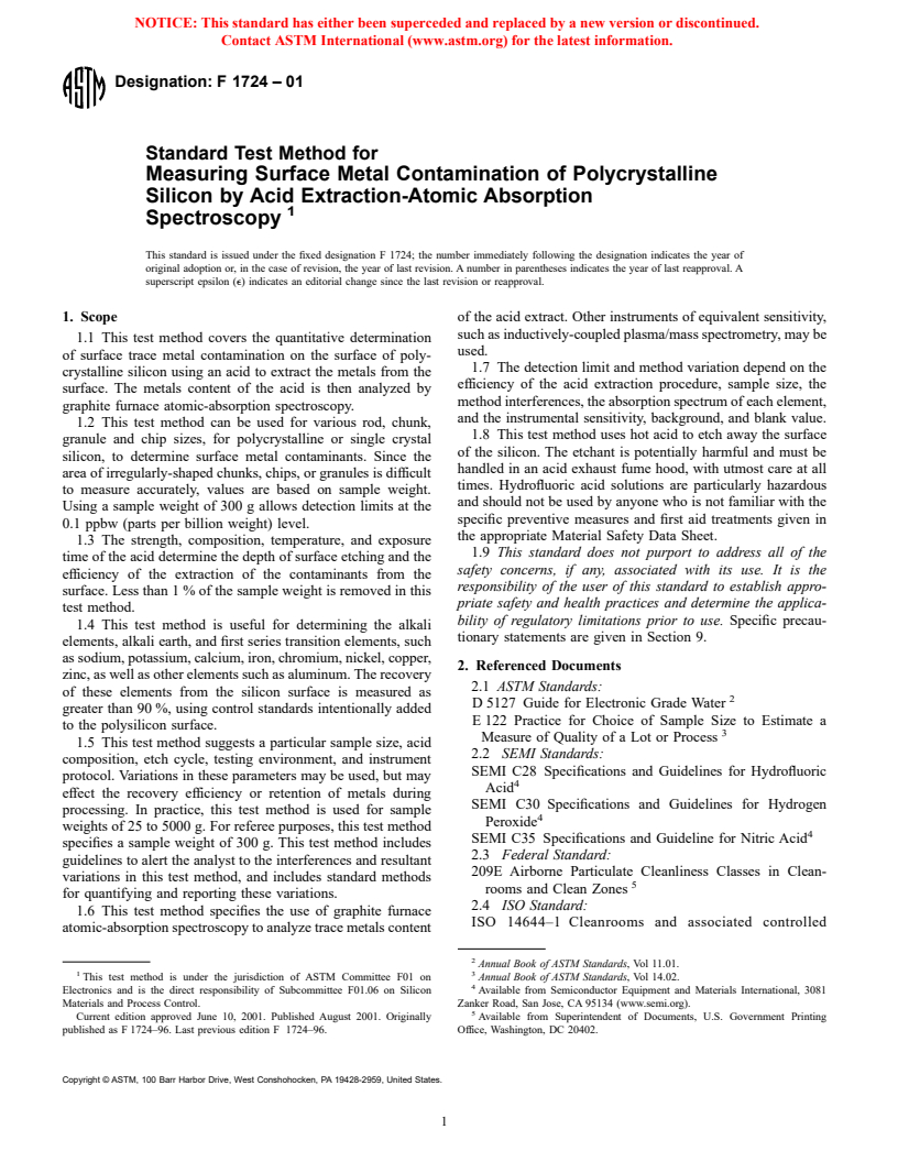 ASTM F1724-01 - Standard Test Method for Measuring Surface Metal Contamination of Polycrystalline Silicon by Acid Extraction-Atomic Absorption Spectroscopy (Withdrawn 2003)