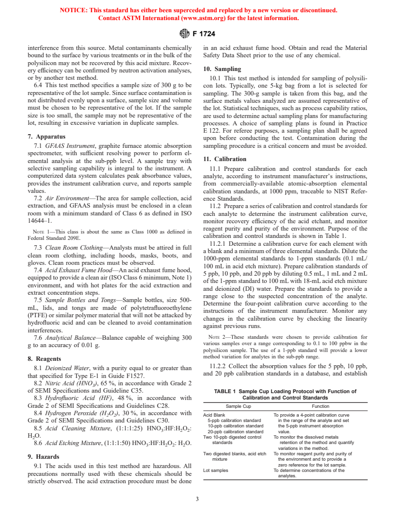 ASTM F1724-01 - Standard Test Method for Measuring Surface Metal Contamination of Polycrystalline Silicon by Acid Extraction-Atomic Absorption Spectroscopy (Withdrawn 2003)