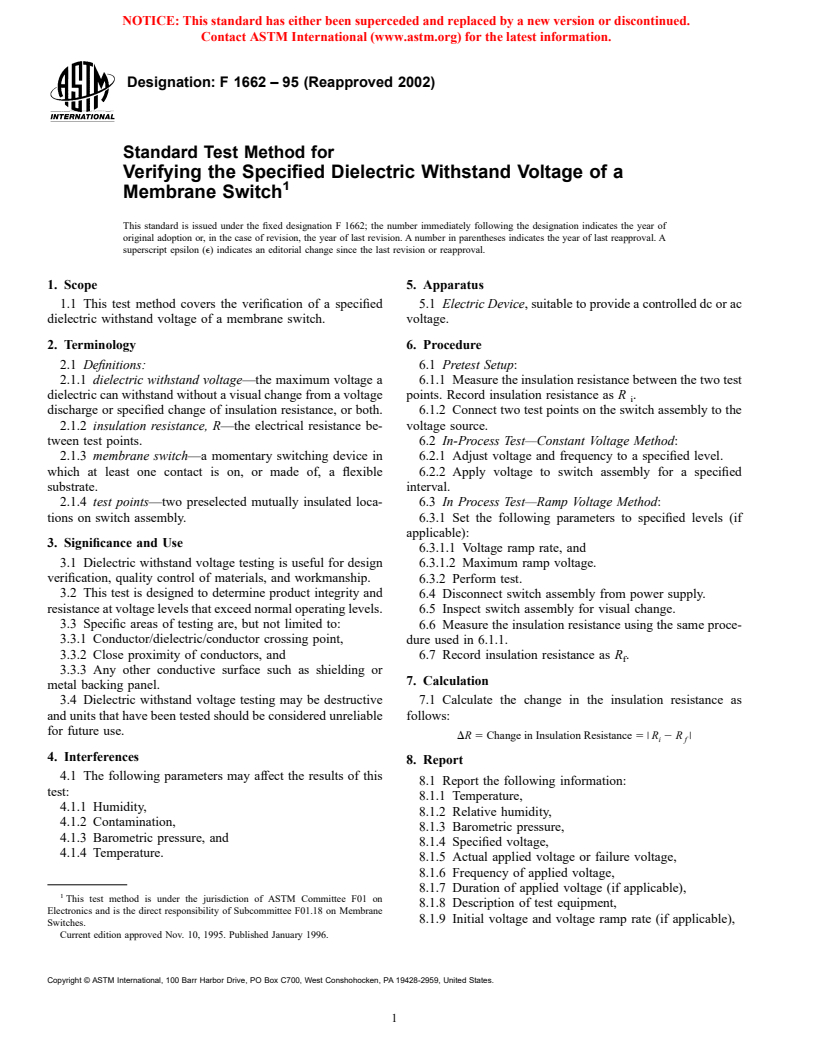 ASTM F1662-95(2002) - Standard Test Method for Verifying the Specified Dielectric Withstand Voltage of a Member Switch