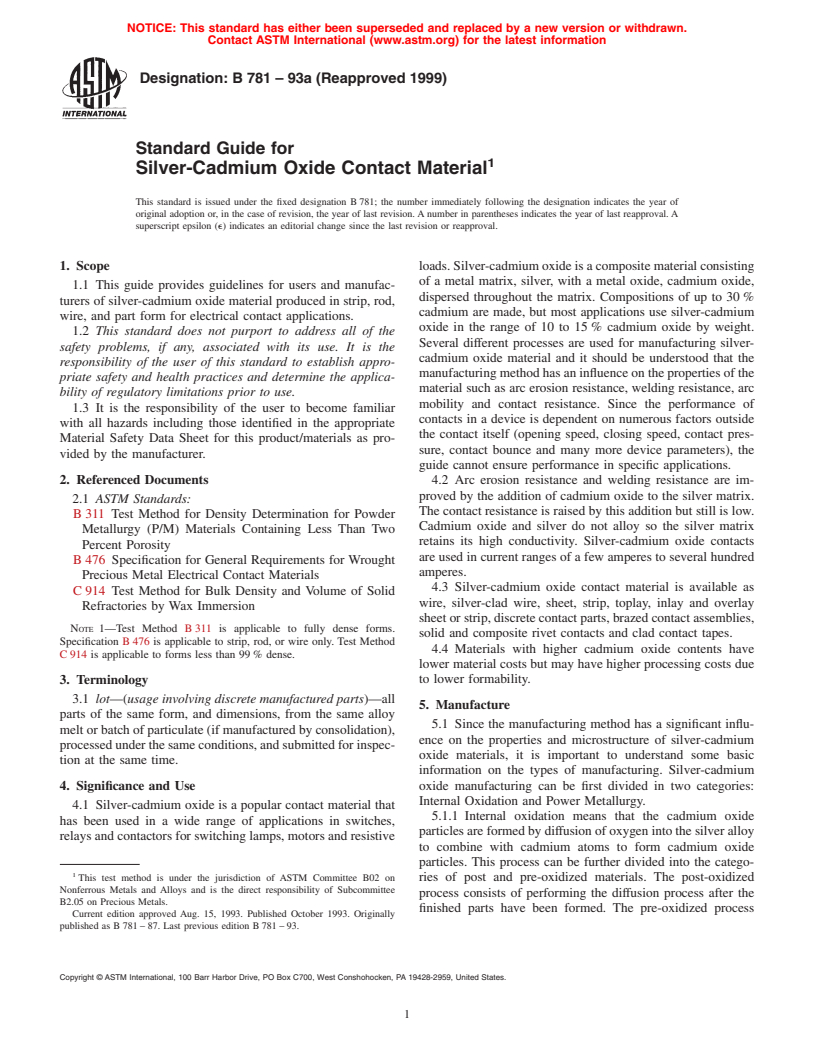 ASTM B781-93a(1999) - Standard Guide for Silver-Cadmium Oxide Contact Material