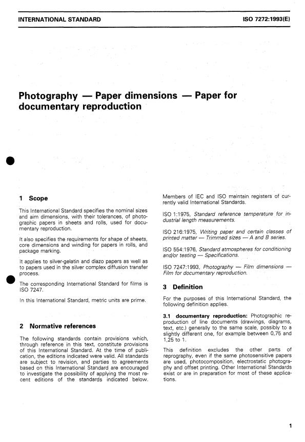 ISO 7272:1993 - Photography -- Paper dimensions -- Paper for documentary reproduction