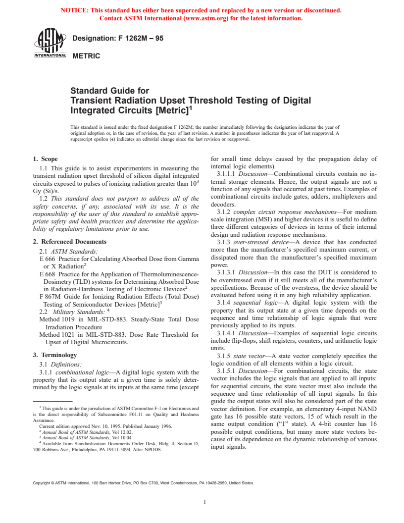 ASTM F1262M-95 - Standard Guide for Transient Radiation Upset Threshold of Digital Integrated Circuits