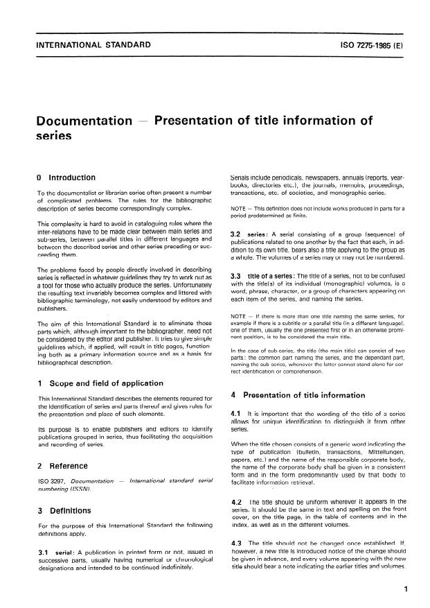 ISO 7275:1985 - Documentation -- Presentation of title information of series