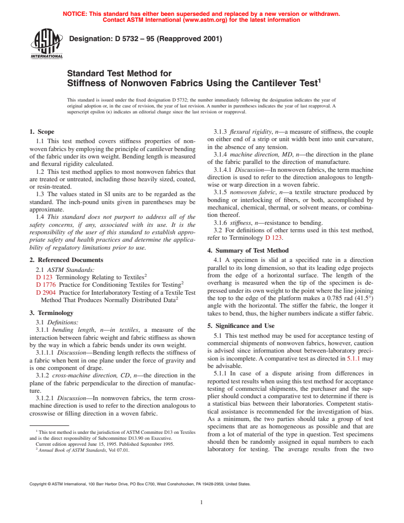 ASTM D5732-95(2001) - Standard Test Method for Stiffness of Nonwoven Fabrics Using the Cantilever Test (Withdrawn 2008)