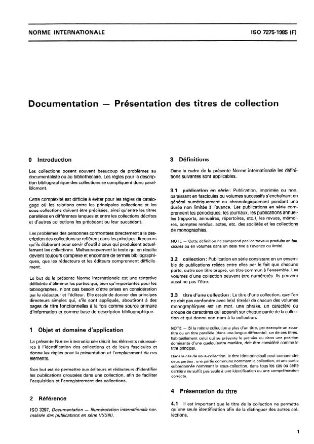 ISO 7275:1985 - Documentation -- Présentation des titres de collection