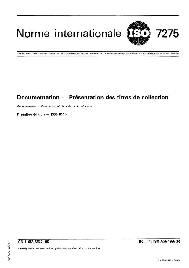 ISO 7275:1985 - Documentation -- Présentation des titres de collection