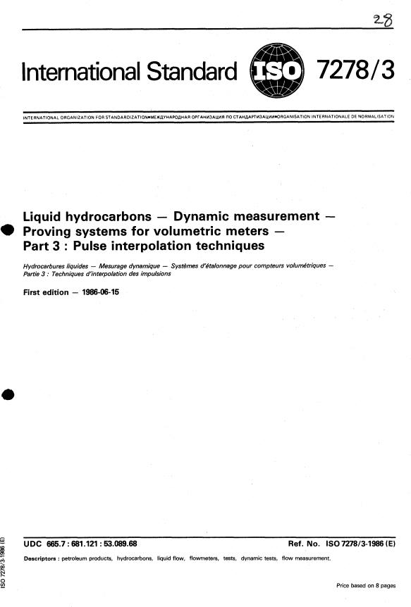 ISO 7278-3:1986 - Liquid hydrocarbons -- Dynamic measurement -- Proving systems for volumetric meters