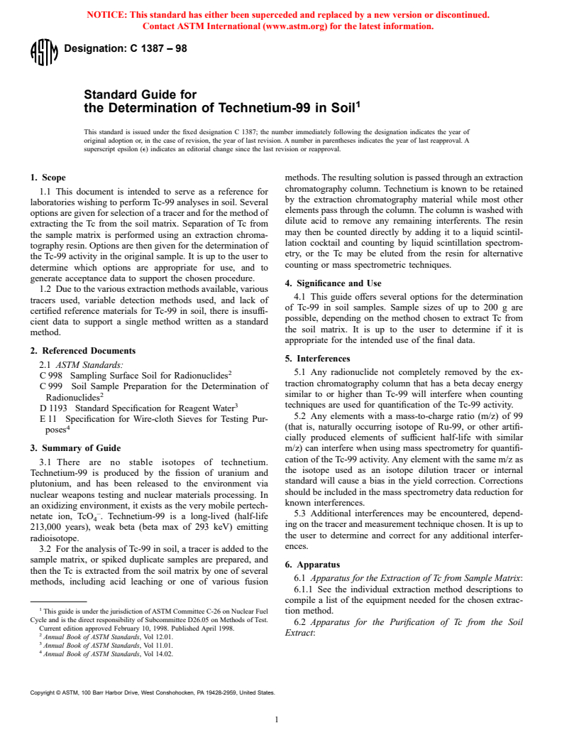 ASTM C1387-98 - Standard Guide for Determination of Technetium-99 in Soil