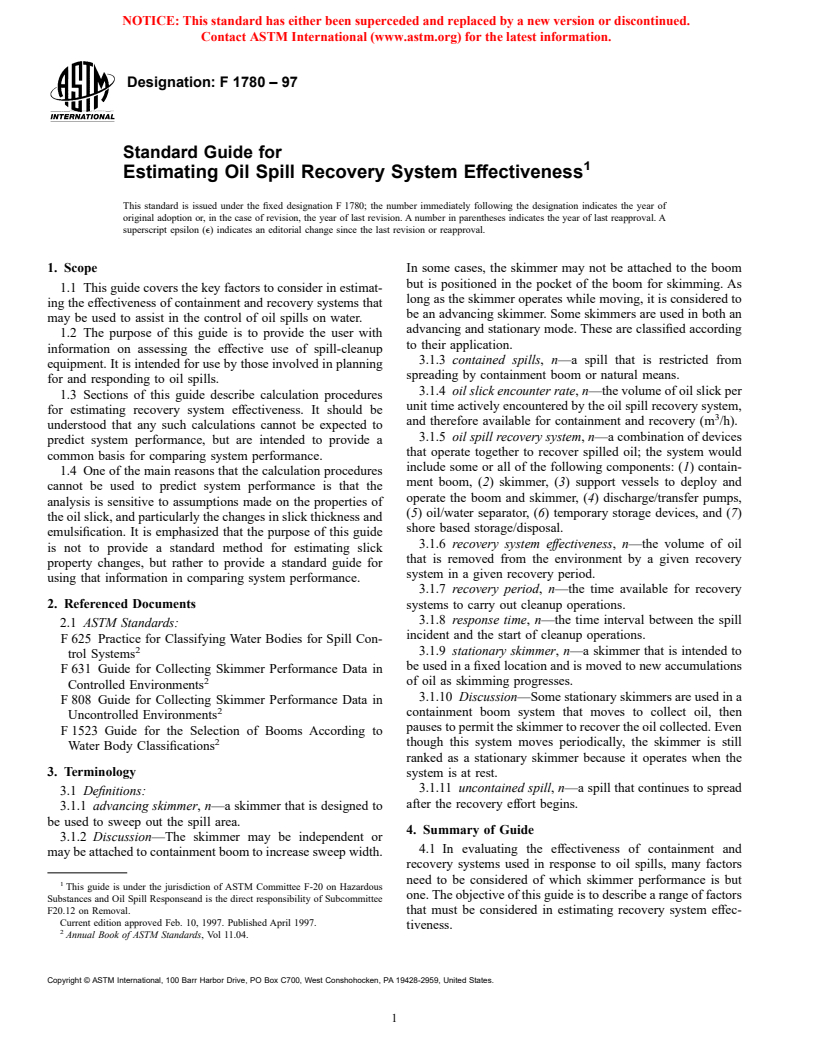 ASTM F1780-97 - Standard Guide for Estimating Oil Spill Recovery System Effectiveness