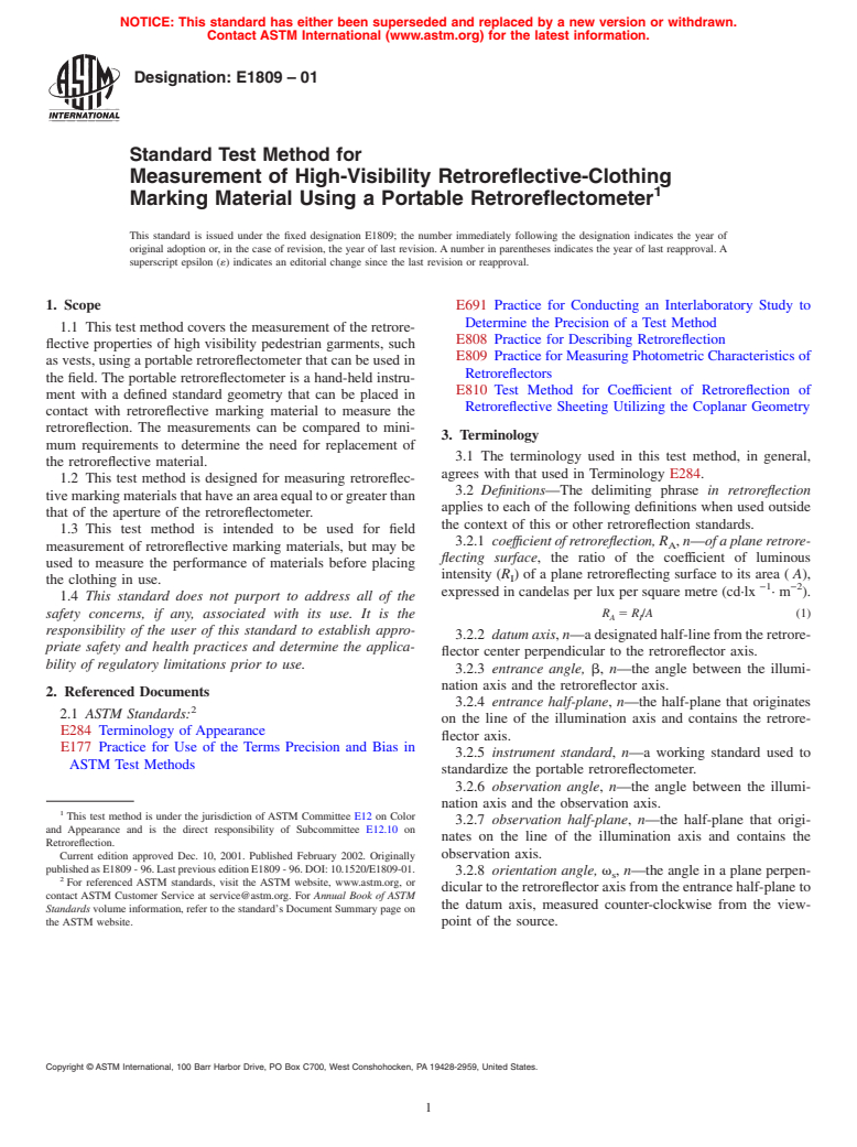 ASTM E1809-01 - Standard Test Method for Measurement of High-Visibility Retroreflective-Clothing Marking Material Using a Portable Retroreflectometer (Withdrawn 2010)