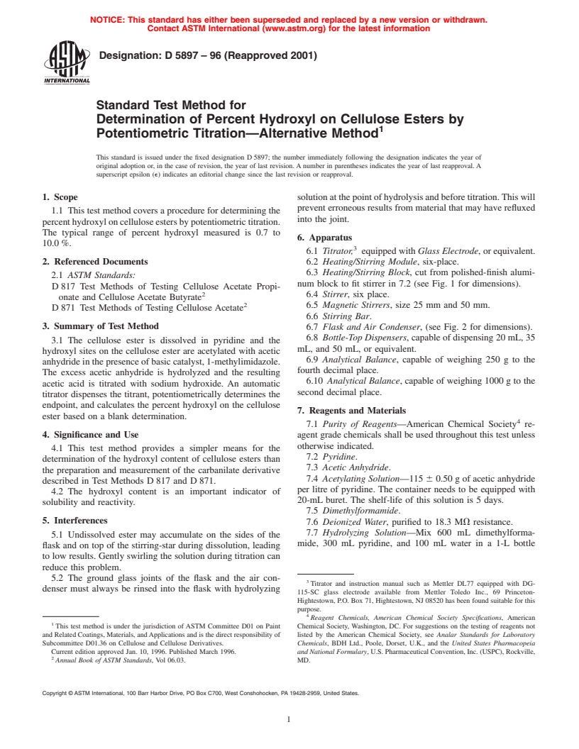 ASTM D5897-96(2001) - Standard Test Method for Determination of Percent Hydroxyl on Cellulose Esters by Potentiometric Titration&#8212;Alternative Method