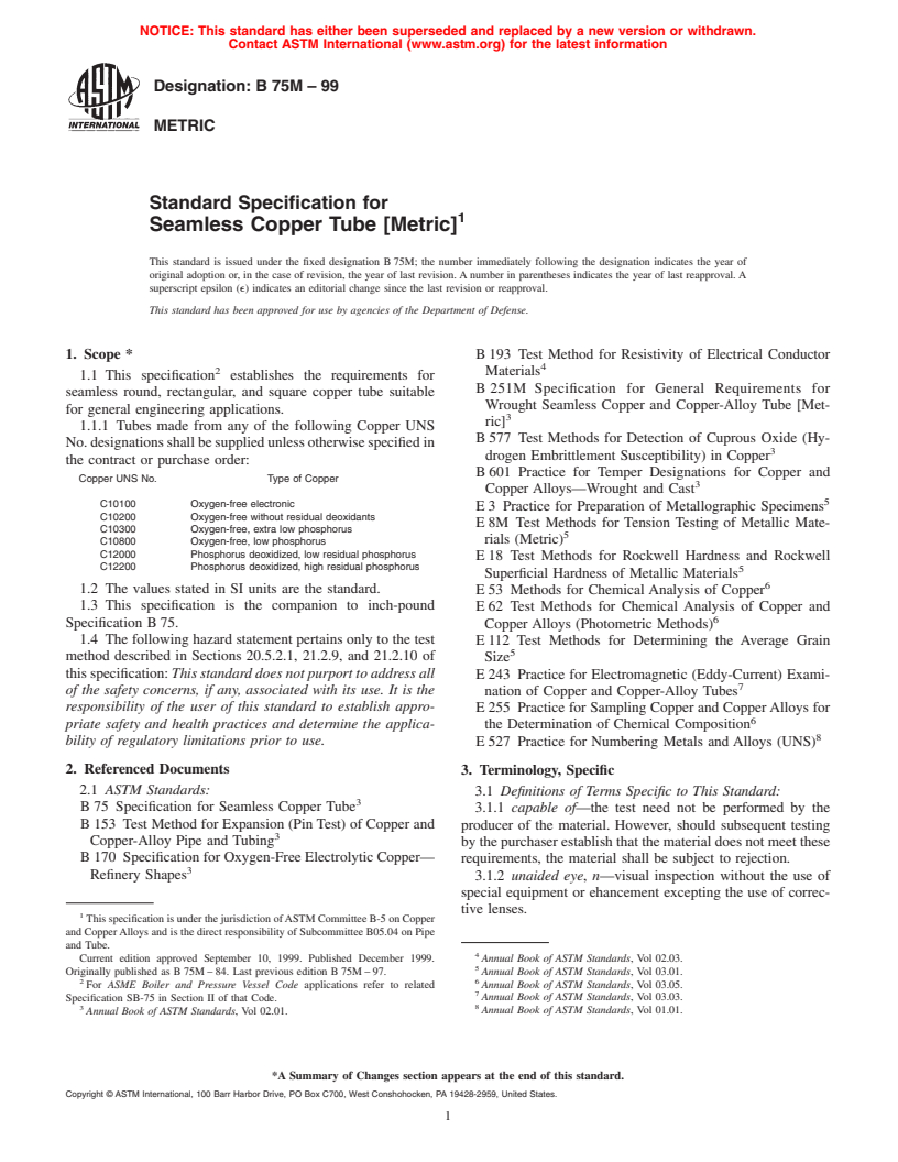 ASTM B75M-99 - Standard Specification for Seamless Copper Tube [Metric]