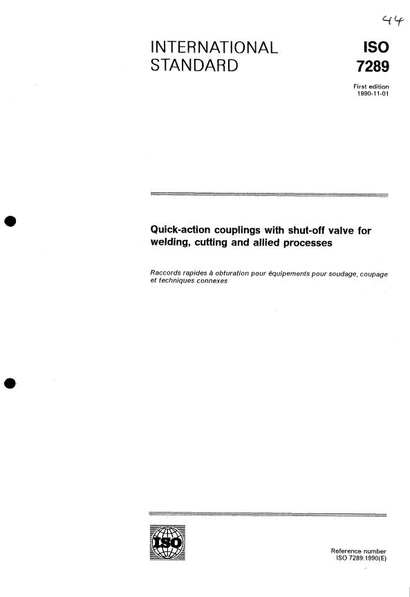 ISO 7289:1990 - Quick-action couplings with shut-off valve for welding, cutting and allied processes