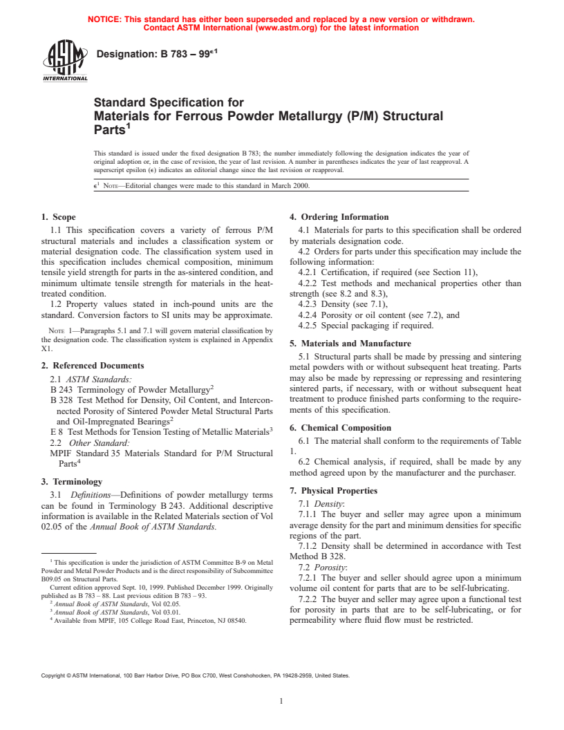 ASTM B783-99e1 - Standard Specification for Materials for Ferrous Powder Metallurgy (P/M) Structural Parts