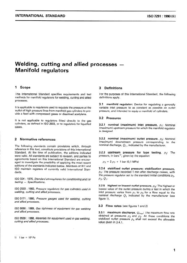 ISO 7291:1990 - Welding, cutting and allied processes -- Manifold regulators