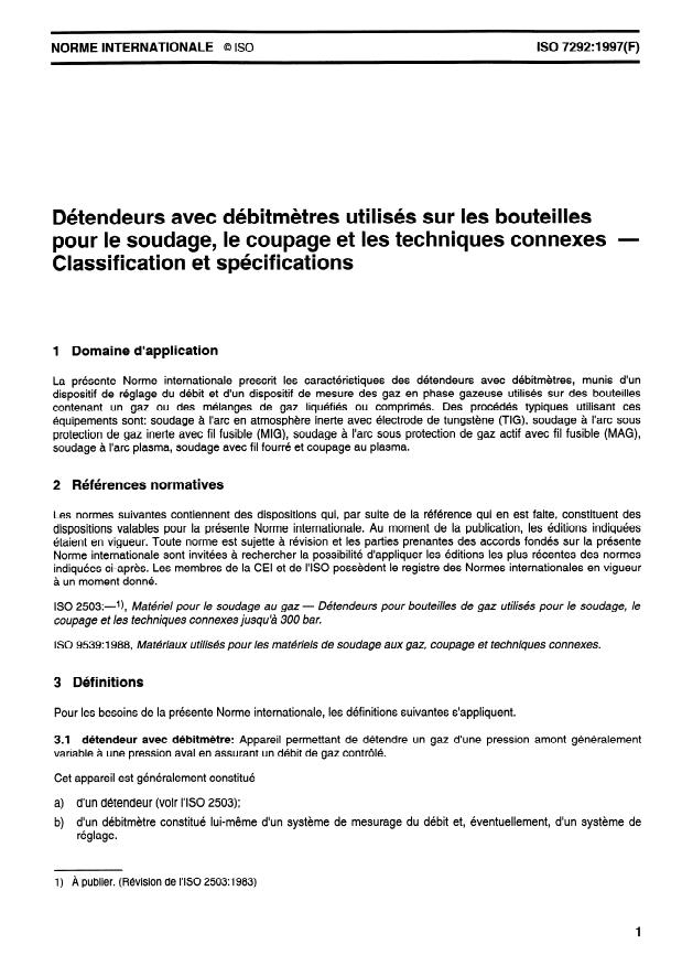 ISO 7292:1997 - Détendeurs avec débitmetres utilisés sur les bouteilles pour le soudage, le coupage et les techniques connexes -- Classification et spécifications