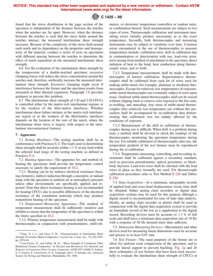 ASTM C1425-99 - Standard Test Method for Interlaminar Shear Strength of 1-D and 2-D Continuous Fiber-Reinforced Advanced Ceramics at Elevated Temperatures