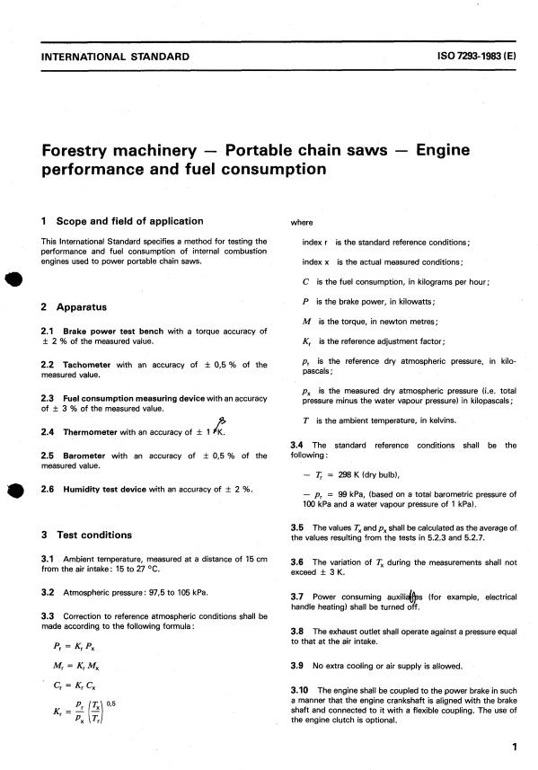 ISO 7293:1983 - Forestry machinery -- Portable chain saws -- Engine performance and fuel consumption